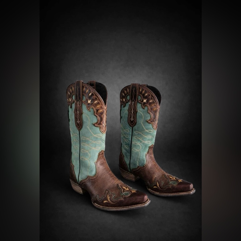 Ariat Brown and Teal Western Heeled Cowboy Boots - Picture 2 of 13